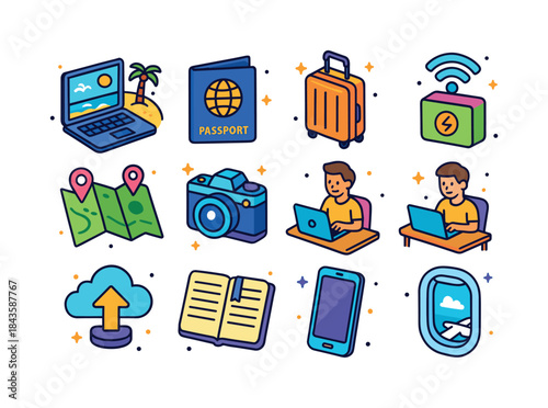 Digital Nomad Icons. Digital nomad lifestyle. Colorful isometric