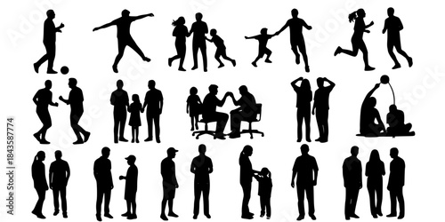 Diverse human silhouettes in various poses and groups

