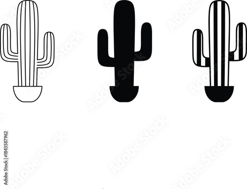 Three black and white vector cactus icons, representing desert plants, drought resistance, houseplant gardening, nature, and Mexican or Southwest desert themes.