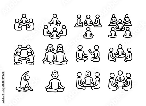 Group Yoga Icons. Group Yoga. Line icon set of Group Yoga: circl