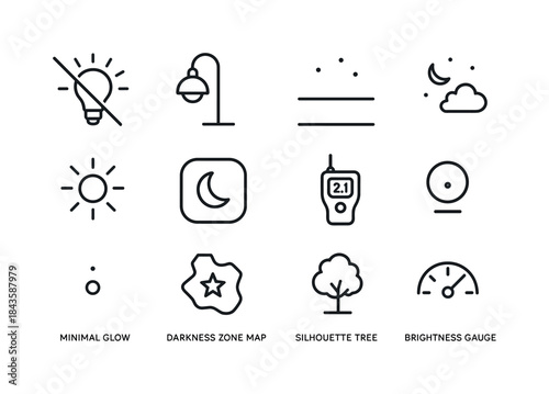 Dark Sky Icons. Dark Sky Essentials. Line icon set of Dark Sky E