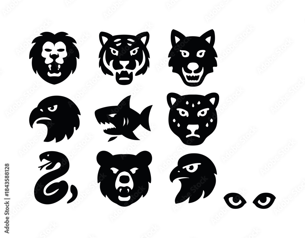 Fototapeta premium Predatory Animal Icons. Predator Instinct. Solid icon set of Pre