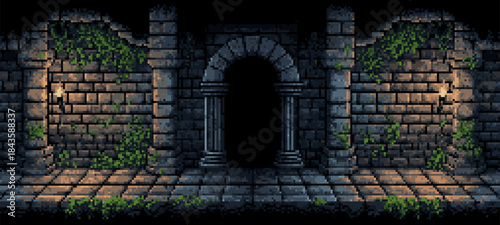 Dark pixel art dungeon hall with arched entrance and glowing torches. Retro video game background for adventure or fantasy game.