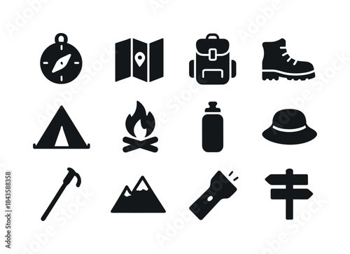 Hiking Icon Set. Hiking. Solid icon set of Hiking: compass, map,