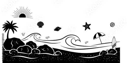 Black beach and ocean icons on white background summer
