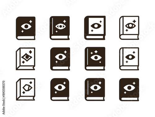Mystical Tome Icons. dusty tome. Icon set. Set Logo of dusty tom