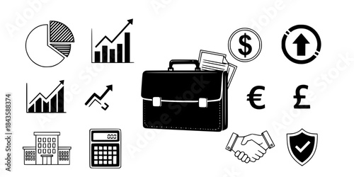 Business and finance icons including charts and briefcase
