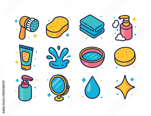 Colorful Face Washing Icons. face washing tools. Colorful isomet