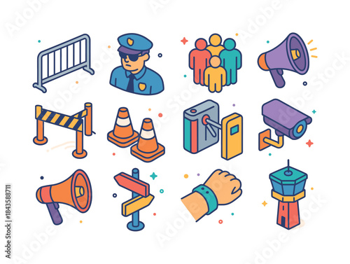 Crowd Control Icons. Crowd control. Colorful isometric vector ic
