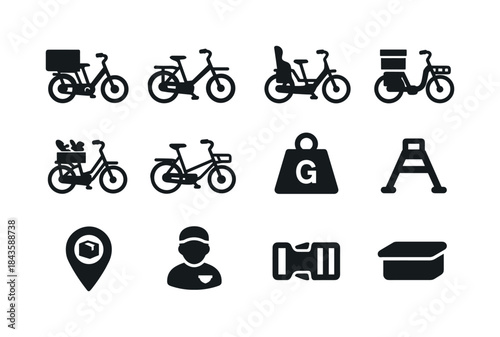 E-Cargo Bike Icons. E-cargo bikes. Solid icon set of e-cargo bik