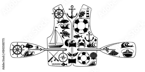 Nautical and boating icons in dark teal paddle life vest
