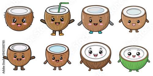 Multiple vector illustrations of cute-faced coconuts