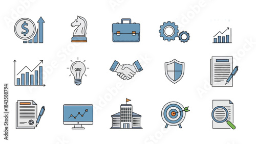 Set of business and finance icons featuring flat outline design elements for corporate strategy growth and management applications isolated on white.
