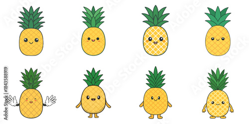 Multiple cute-faced pineapples vector illustrations