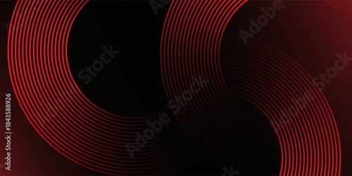 Abstract red glowing geometric lines on black background. Modern shiny red diagonal rounded lines graphic design.