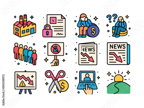 Job Crisis Icons. Job crisis. Colorful isometric vector icons se