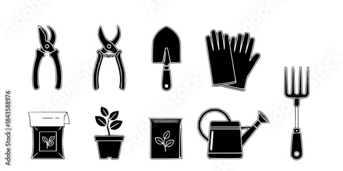 Gardening tools and supplies flat icons secateurs shovel
