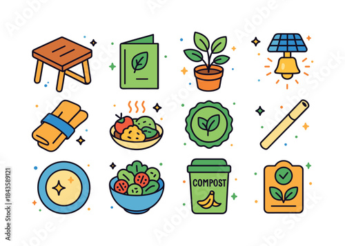 Eco Restaurant Icons. Eco restaurant. Colorful isometric vector