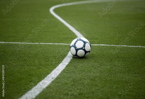 Soccer Ball on Green Grass Field with White Court Lines