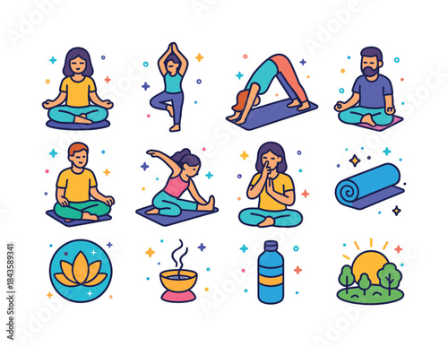 Yoga Pose Icons. People meditating or practicing yoga. Colorful