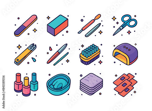 Colorful Manicure Tools Icons. Manicure Tools. Colorful isometri