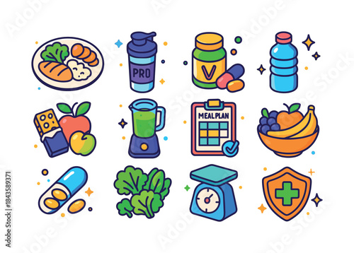Nutrition Recovery Icons. Nutrition for recovery. Colorful isome
