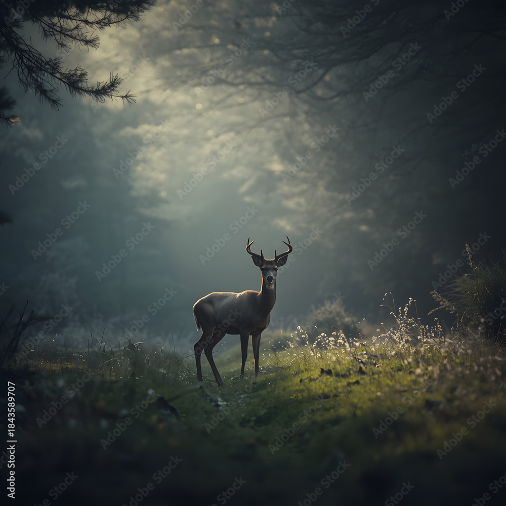 Obraz premium Deer Amidst the Fog: A majestic deer with impressive antlers stands proudly in a mysterious fog, illuminated by a beam of sunlight filtering through the trees.