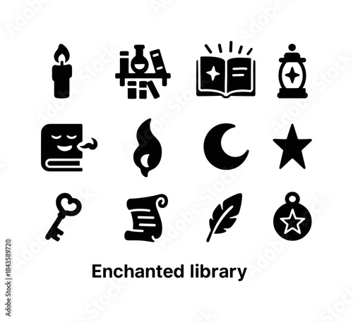 Enchanted Library Icons. Enchanted library. Solid icon set of en