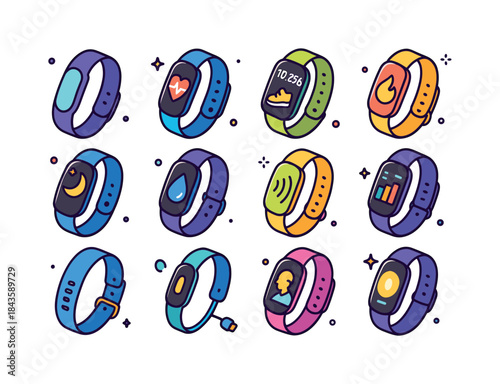 Smart Band Icons Set. Smart health bands. Colorful isometric vec