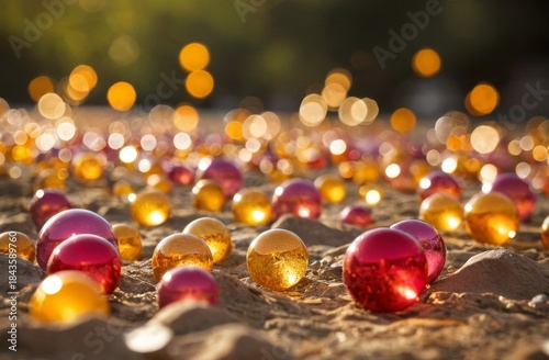 Magical Moment Created by Red and Gold Decorative Spheres and Sunlight