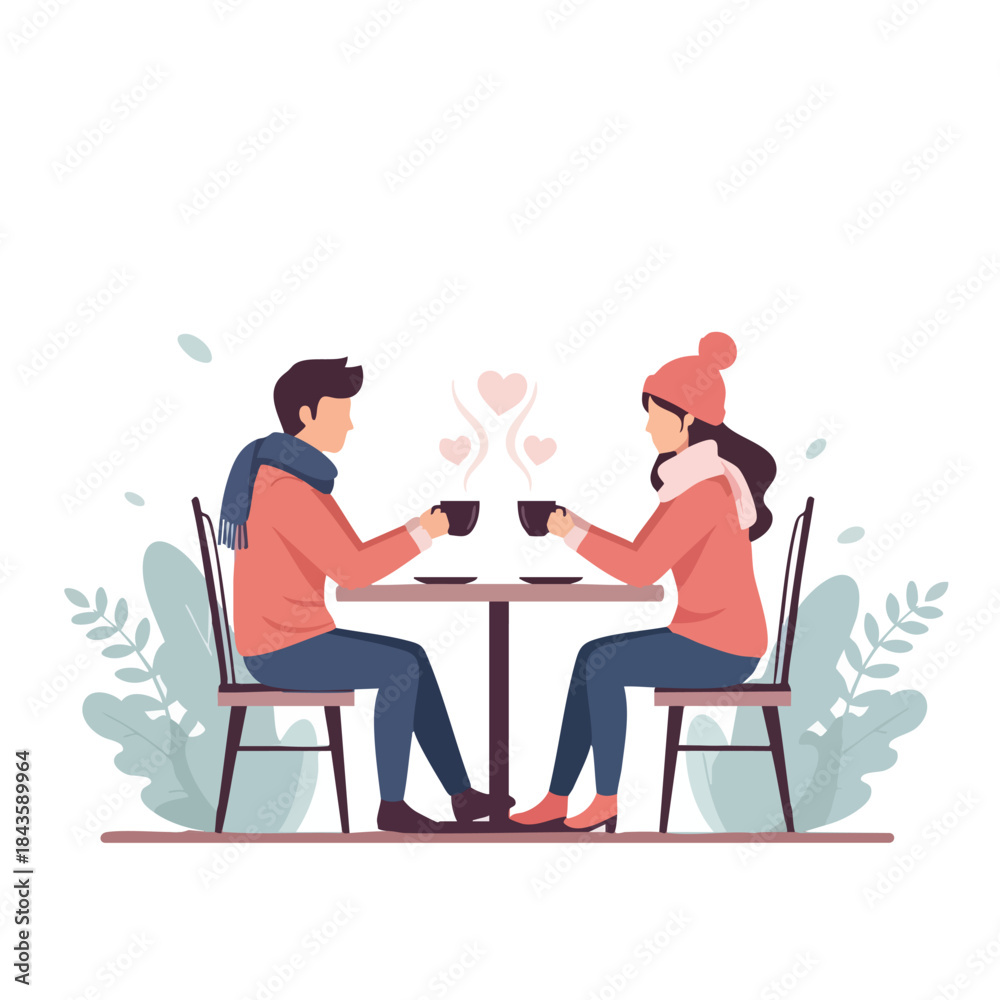 Fototapeta premium Illustration of a romantic couple enjoying coffee together on a valentine's day with warm hearts rising from their cups in a cozy setting.