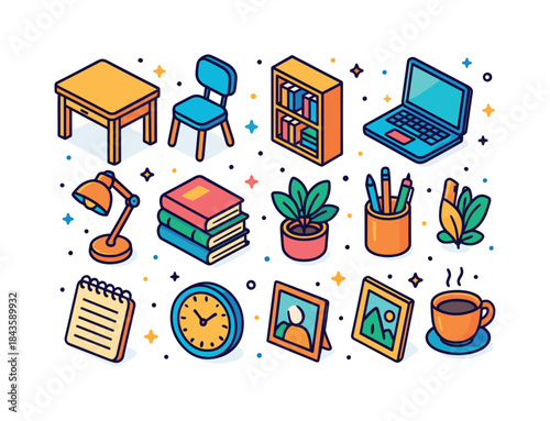 Colorful Study Icons. Study room. Colorful isometric vector icon