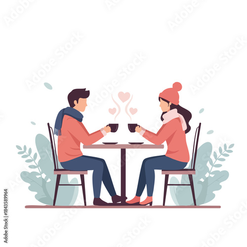 Illustration of a romantic couple enjoying coffee together on a valentine's day with warm hearts rising from their cups in a cozy setting.