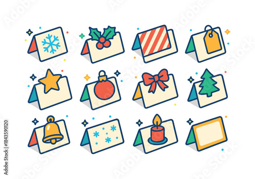Festive Holiday Icon Set. Holiday place cards. Colorful isometri