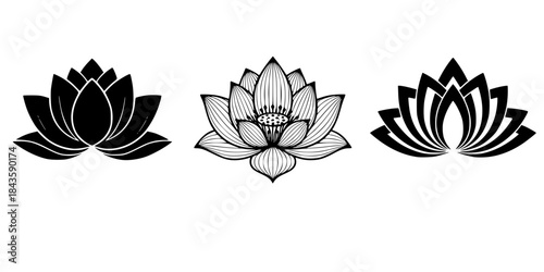 Black lotus flower icons on white background
