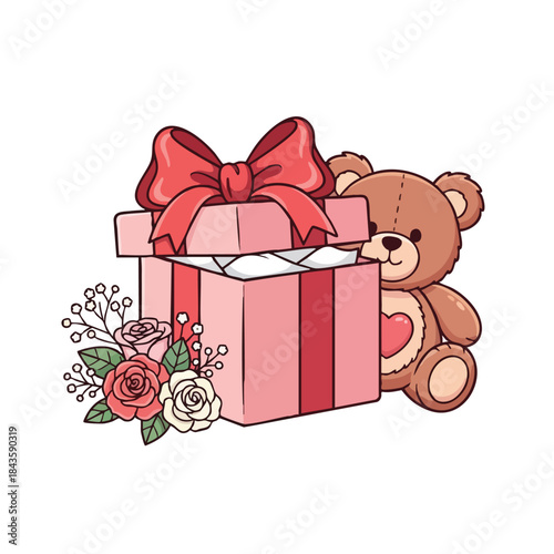 A brown teddy bear with a heart on its chest peeking out from behind a pink gift box adorned with a red bow and roses, conveying a valentine romantic mood.
