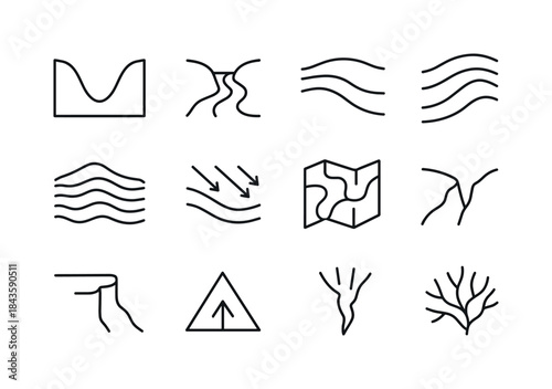 Valley Icon Set. Valley Geography. Line icon set of Valley Geogr