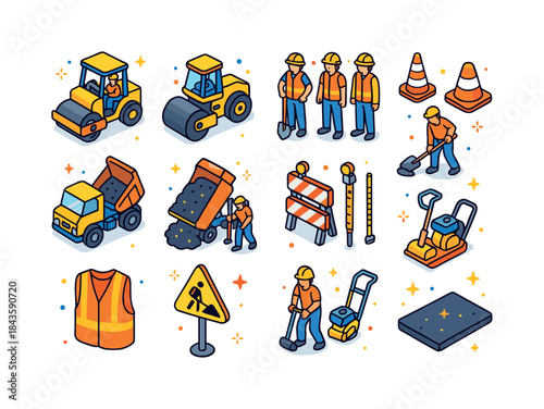 Isometric Road Construction Icons. Paving crews working on road