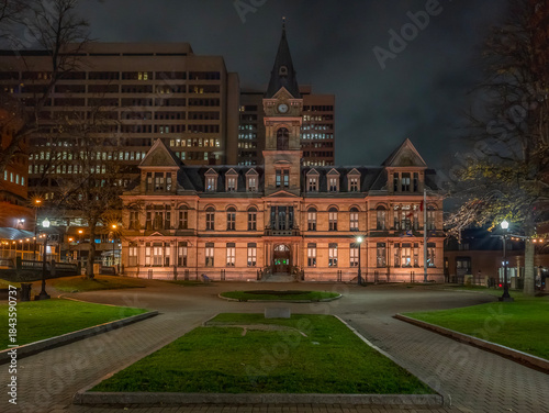 Night view of the historic city hall and Grande Plaza at Halifax, Nova Scotia, Canada