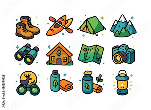 Eco Adventure Icons. Eco Adventures. Colorful isometric vector i