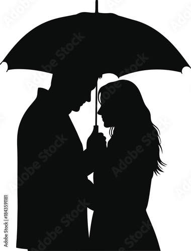 Romantic silhouette of a loving couple embracing under an umbrella, symbolizing protection and unity during rainy moments or adverse times