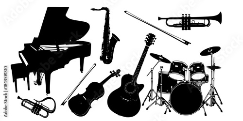 Black silhouette musical instruments on white background

