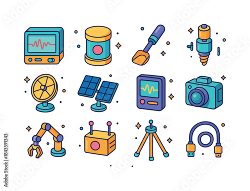 Lunar Research Icons. Lunar research equipment. Colorful isometr