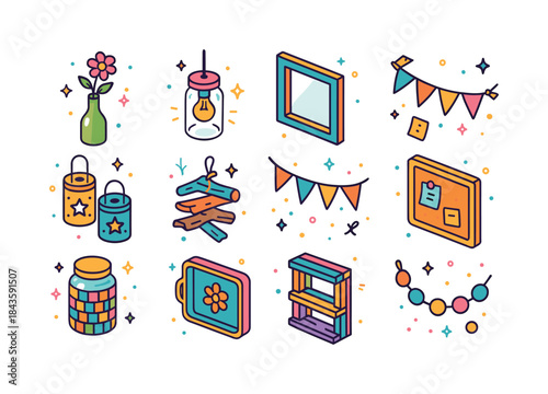 Colorful Upcycled Decor Icons. Upcycled Home Decor. Colorful iso