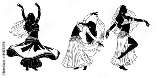 Black belly dancer silhouettes in various poses white background
