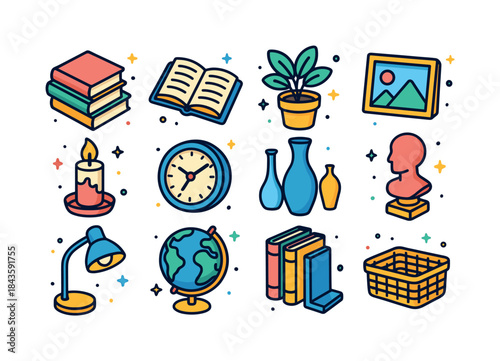 Colorful Bookshelf Icons. A bookshelf filled with books and deco