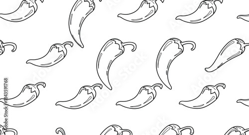 Seamless pattern of hand drawn chili peppers in black outline scattered across a white background for fashion graphics textiles and packaging design.