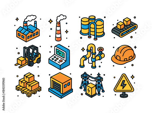 Industrial Icon Set. Industrial site. Colorful isometric vector
