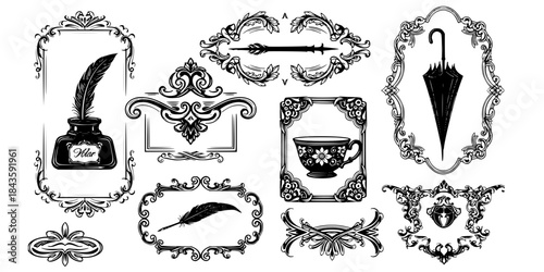 Victorian silhouettes and decorative frames inkwell feather cup umbrella