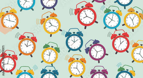 Vibrant array of colorful alarm clocks scattered across a pale mint background creates a playful time keeping pattern that feels cheerful and lively.